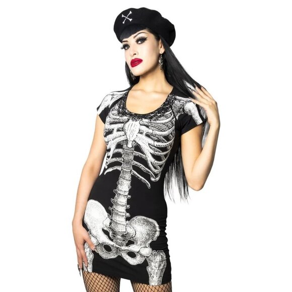 Skeleton Tunic Dress XL Bodycon Stretchy Black White Halloween Goth Kreepsville - Picture 3 of 5